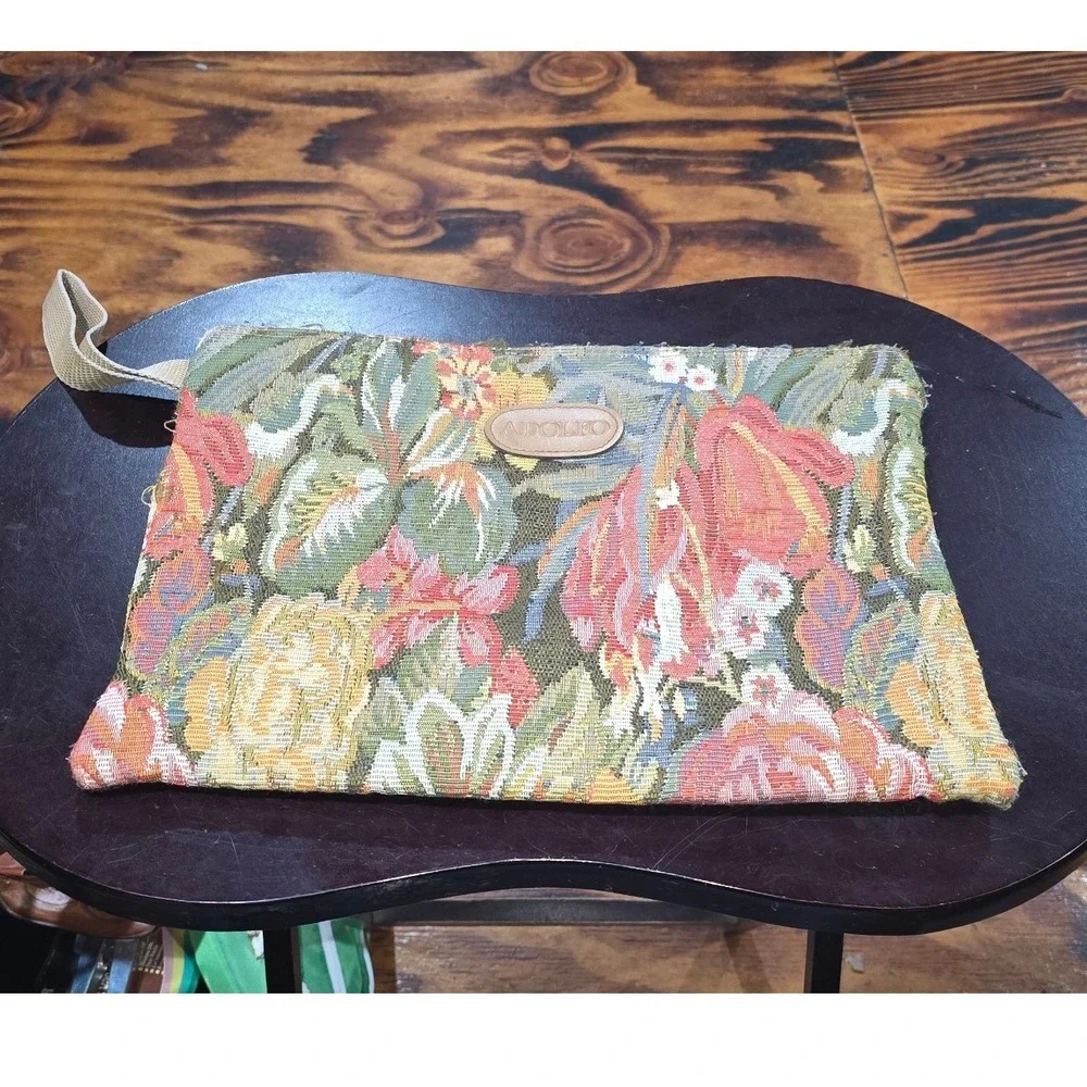 Adolfo Vintage Tapestry Duffel Bag Floral Garden Travel Set‎ with Matching Pouch